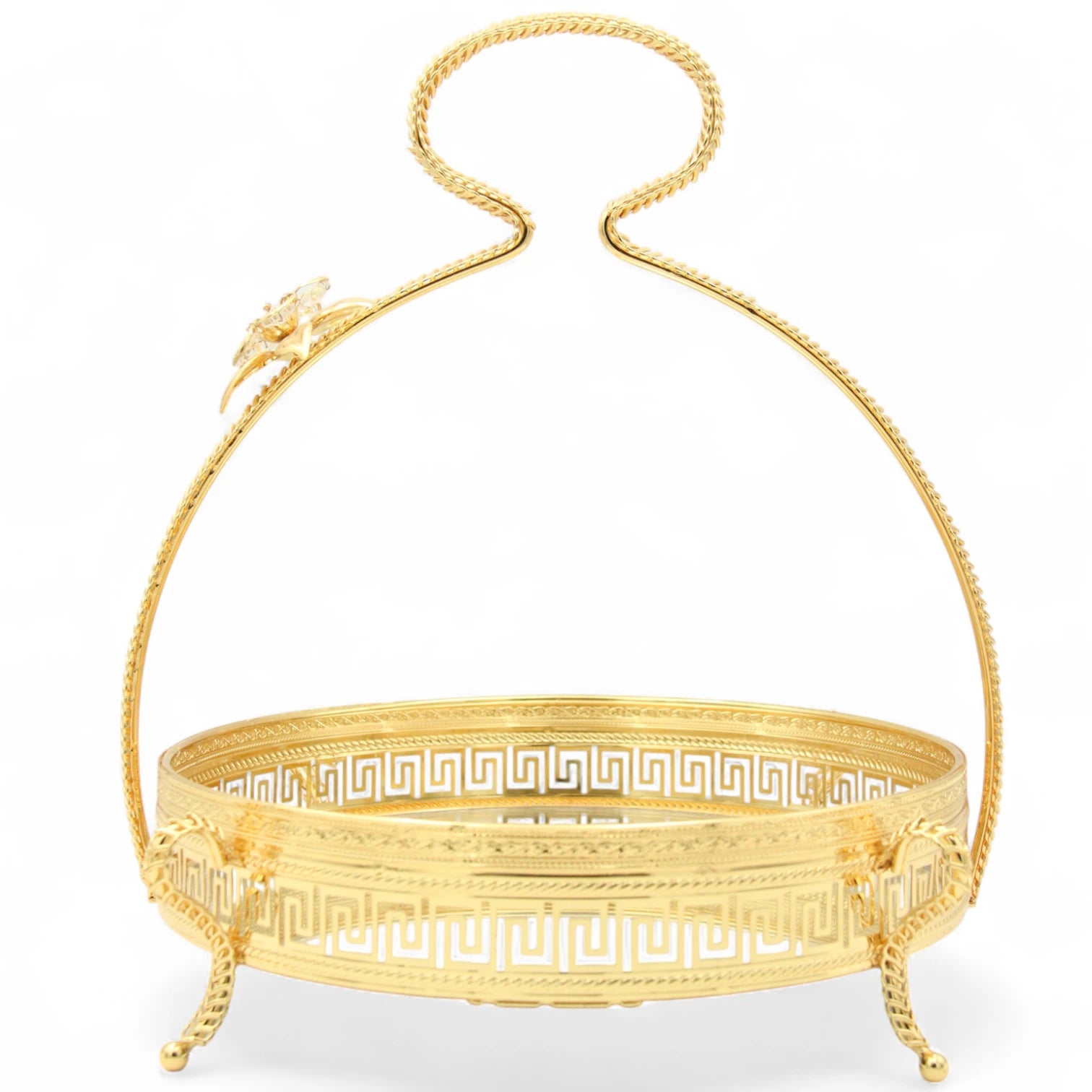 Pilcso Luxury Gold-Plated Round Mirror Tray with Handle and Crystal Flower – Elegant Greek Key Decorative Display Tray for Vanity, Perfume, Sweets & Home Décor – Perfect Gift Idea – by Damoo - Damoo
