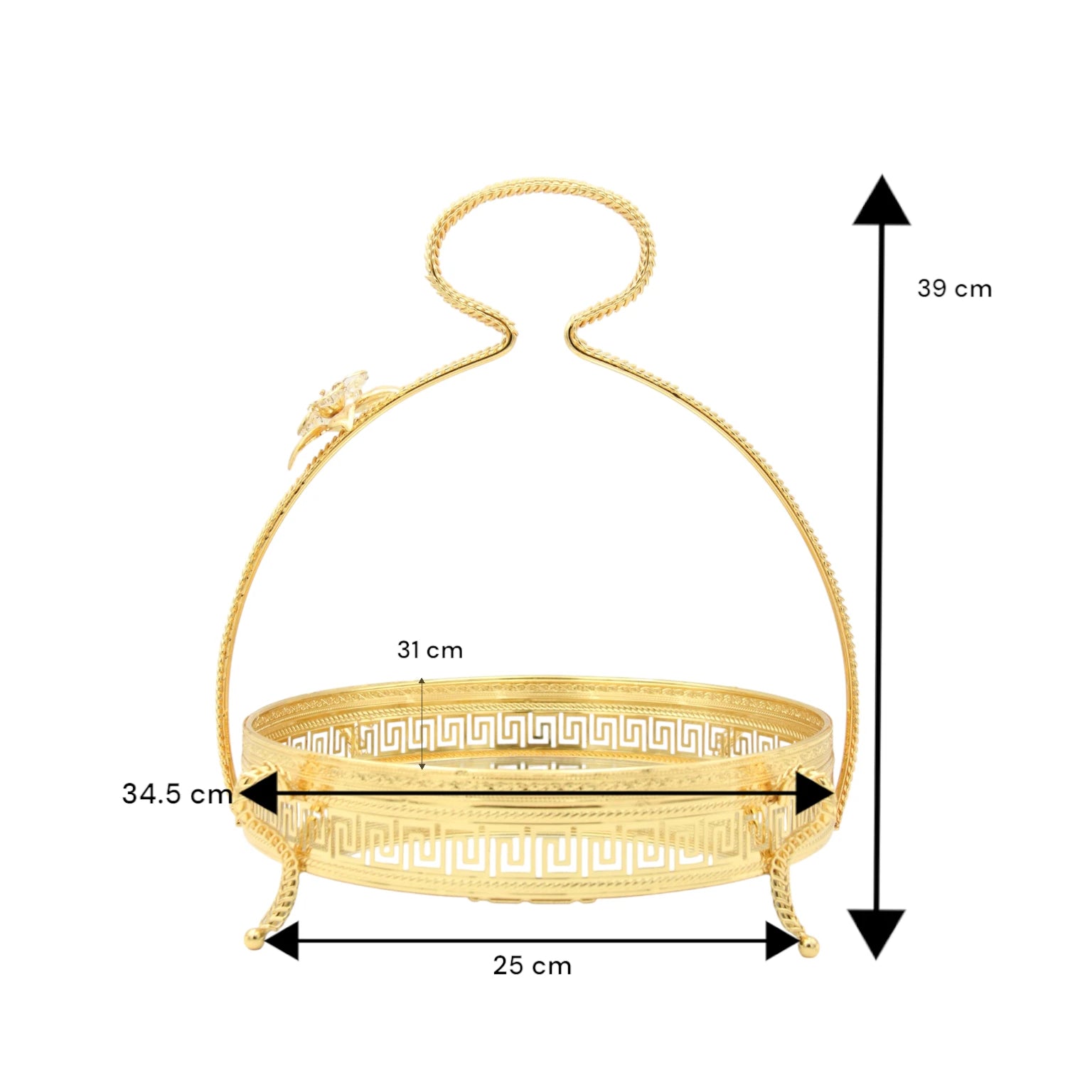Pilcso Luxury Gold-Plated Round Mirror Tray with Handle and Crystal Flower – Elegant Greek Key Decorative Display Tray for Vanity, Perfume, Sweets & Home Décor – Perfect Gift Idea – by Damoo - Damoo
