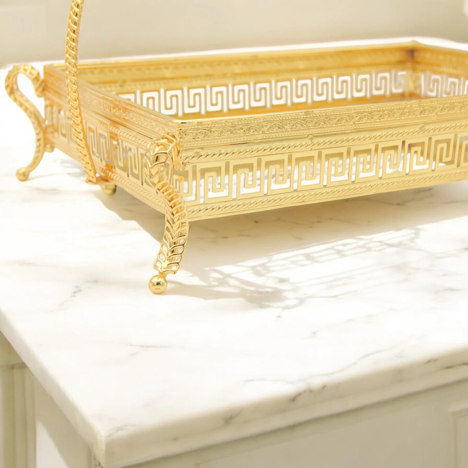 Pilsco Gold Rectangular Mirror Serving Tray with Floral Handle & Geometric Design – Elegant Raised Base Tray for Pastries, Cakes, Main Dishes & Home Décor - Damoo