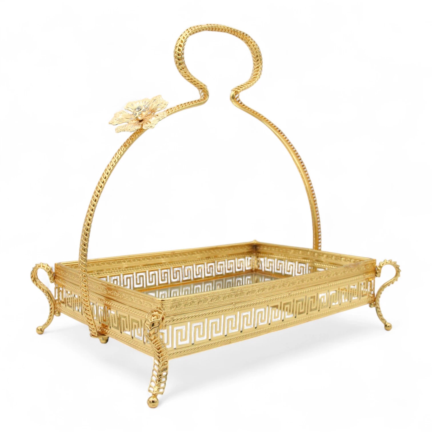 Pilsco Gold Rectangular Mirror Serving Tray with Floral Handle & Geometric Design – Elegant Raised Base Tray for Pastries, Cakes, Main Dishes & Home Décor - Damoo