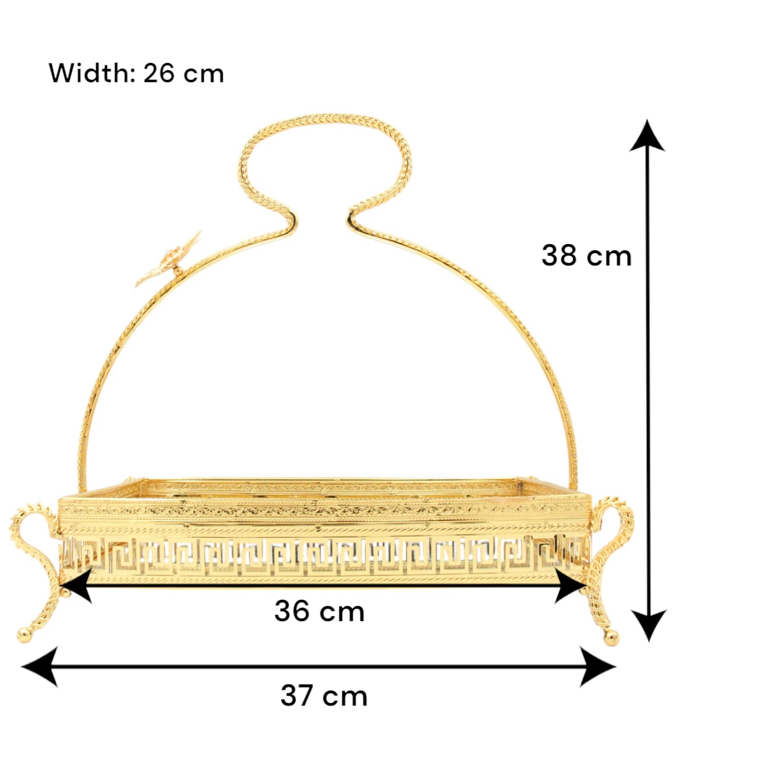 Pilsco Gold Rectangular Mirror Serving Tray with Floral Handle & Geometric Design – Elegant Raised Base Tray for Pastries, Cakes, Main Dishes & Home Décor - Damoo