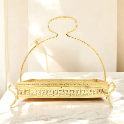 Pilsco Gold Rectangular Mirror Serving Tray with Floral Handle & Geometric Design – Elegant Raised Base Tray for Pastries, Cakes, Main Dishes & Home Décor - Damoo