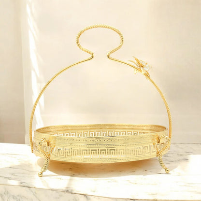 Pilsco Mirror Serving Tray with Gold Floral Handle & Geometric Design – Elegant Decorative Tray with Base Feet for Food, Cakes, or Home Décor Display - Damoo