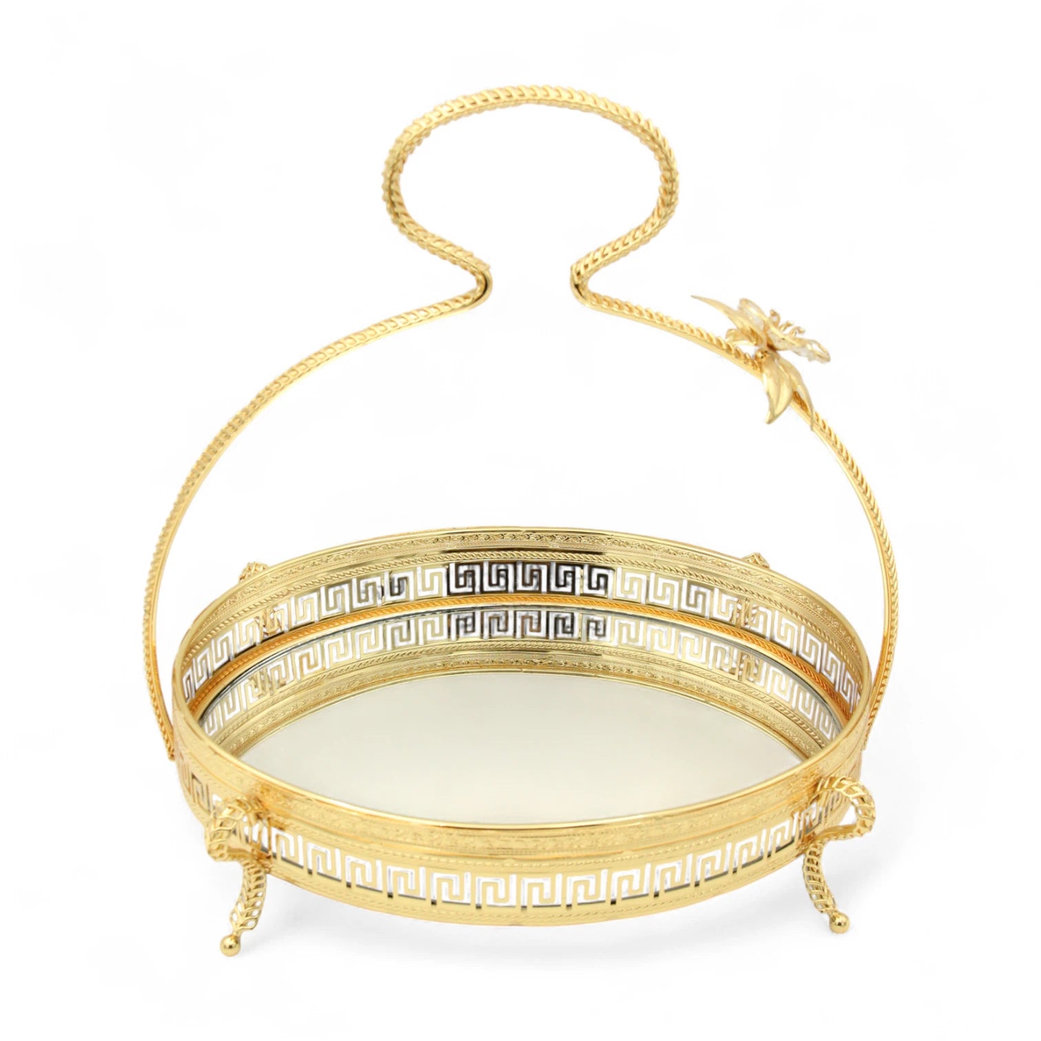Pilsco Mirror Serving Tray with Gold Floral Handle & Geometric Design – Elegant Decorative Tray with Base Feet for Food, Cakes, or Home Décor Display - Damoo