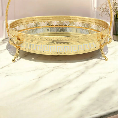 Pilsco Mirror Serving Tray with Gold Floral Handle & Geometric Design – Elegant Decorative Tray with Base Feet for Food, Cakes, or Home Décor Display - Damoo