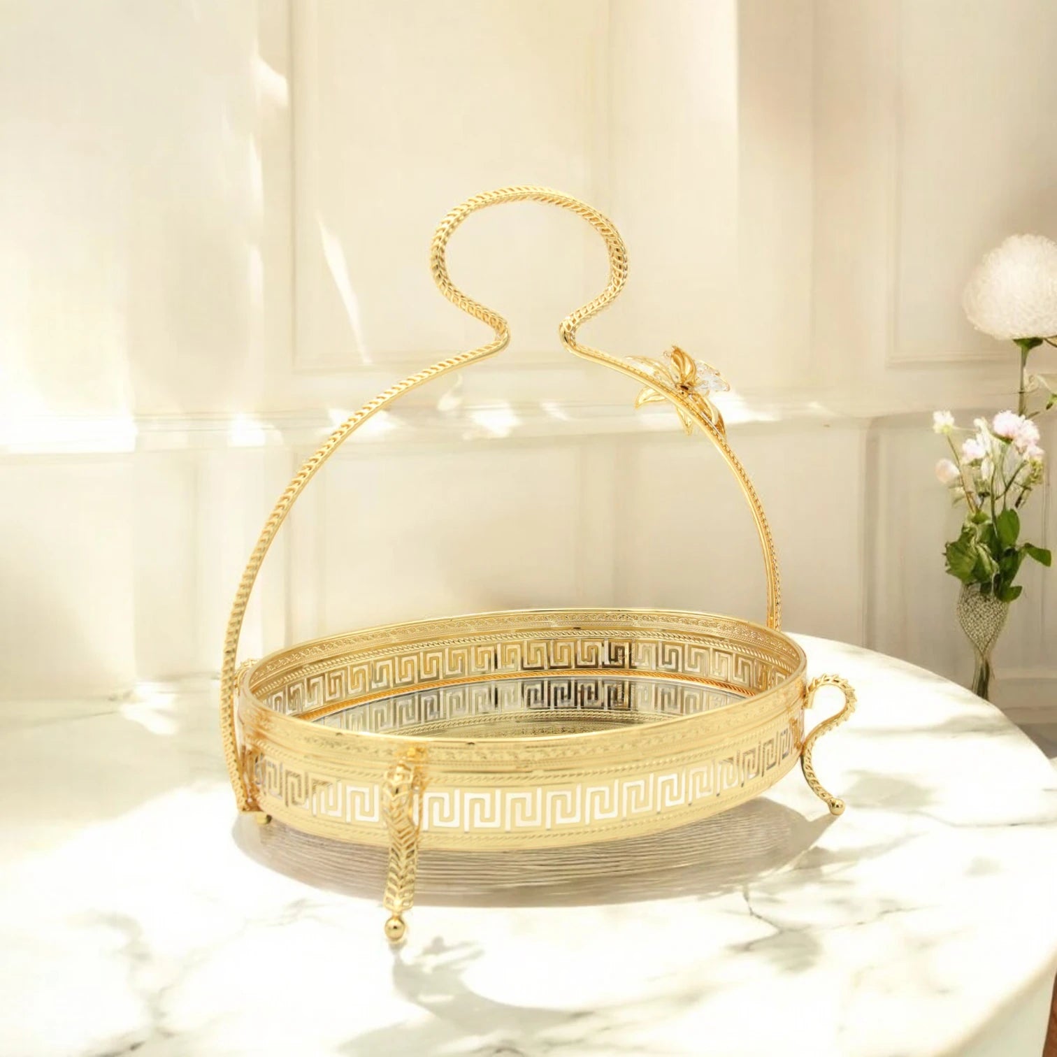 Pilsco Mirror Serving Tray with Gold Floral Handle & Geometric Design – Elegant Decorative Tray with Base Feet for Food, Cakes, or Home Décor Display - Damoo