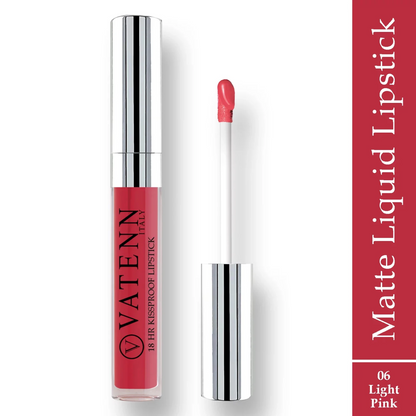Vatenn 18Hrs Kissproof Liquid Lipstick – Shade 06 Light Pink. Long-lasting transfer-proof creamy matte lip color with non-drying, highly pigmented formula. - Damoo
