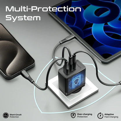 PORMATE 45W GaN Fast Triple Port Charger | Dual USB-C PD, QC 3.0 USB-A, Global Travel Adapter with Multi-Plug Support | PowerPort-45 Fast Charging Wall Charger - Damoo