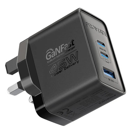 PORMATE 45W GaN Fast Triple Port Charger | Dual USB-C PD, QC 3.0 USB-A, Global Travel Adapter with Multi-Plug Support | PowerPort-45 Fast Charging Wall Charger - Damoo