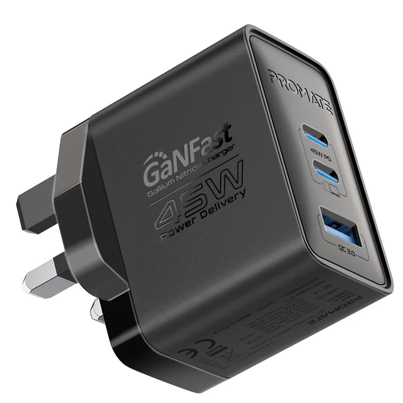 PORMATE 45W GaN Fast Triple Port Charger | Dual USB-C PD, QC 3.0 USB-A, Global Travel Adapter with Multi-Plug Support | PowerPort-45 Fast Charging Wall Charger - Damoo