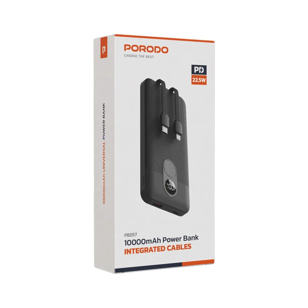 Porodo 10000mAh Fast Charging Power Bank – Built-in Type-C & Lightning Cables, Digital Display, Compact & Lightweight Design, Ideal for Travel & Everyday Use - Damoo