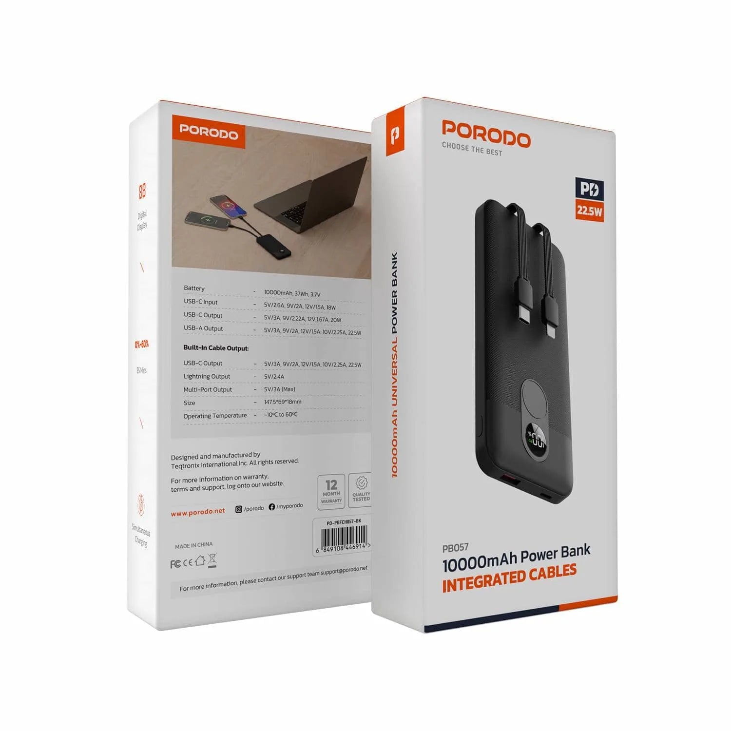 Porodo 10000mAh Fast Charging Power Bank – Built-in Type-C & Lightning Cables, Digital Display, Compact & Lightweight Design, Ideal for Travel & Everyday Use - Damoo