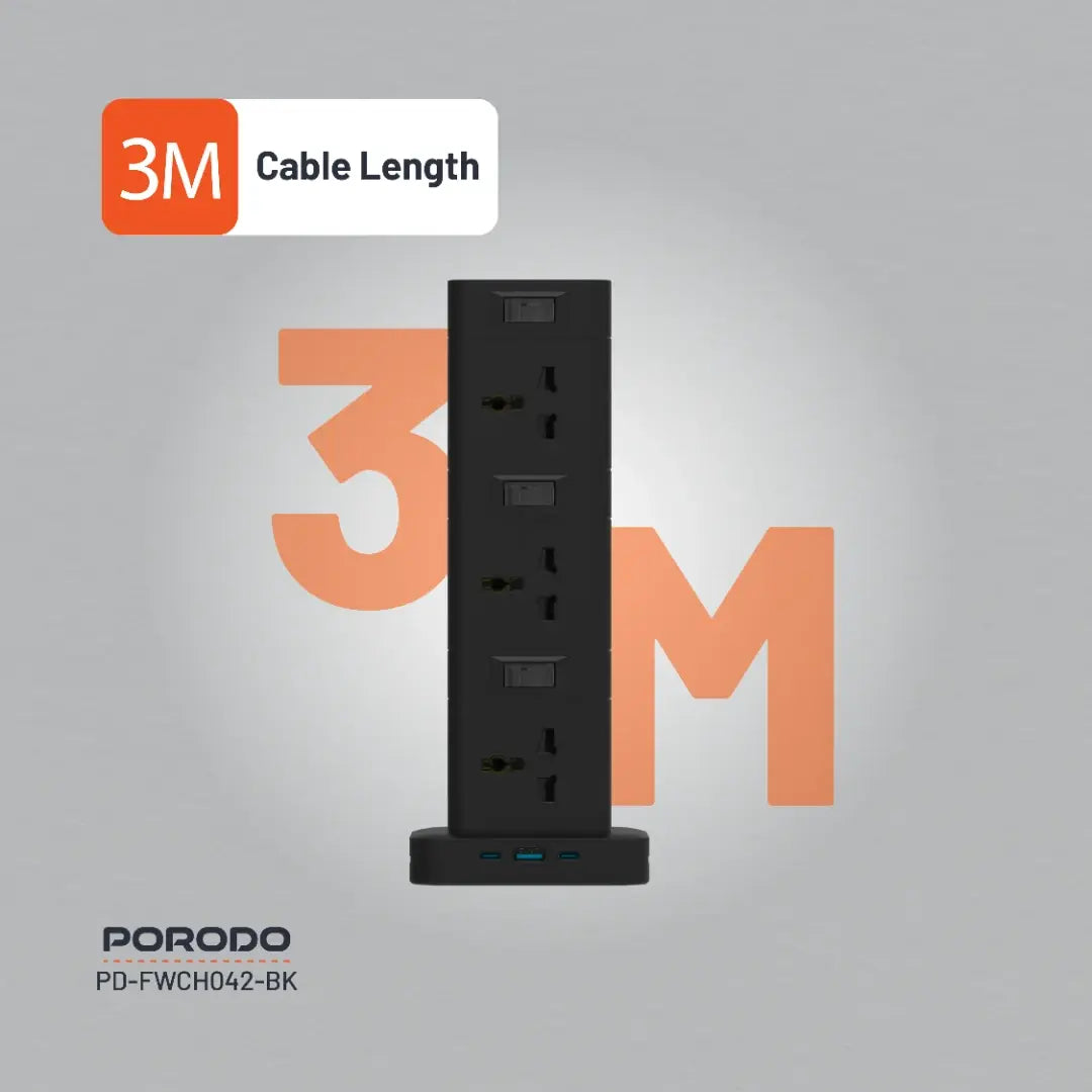 Porodo 3-Tier 12AC Power Hub – USB-C PD 20W, USB-A QC 3.0 18W, 3M Cable, 2500W Max Output, Built-In Safeguards, Multi-Device Charging Tower - Damoo