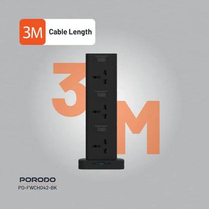 Porodo 3-Tier 12AC Power Hub – USB-C PD 20W, USB-A QC 3.0 18W, 3M Cable, 2500W Max Output, Built-In Safeguards, Multi-Device Charging Tower - Damoo