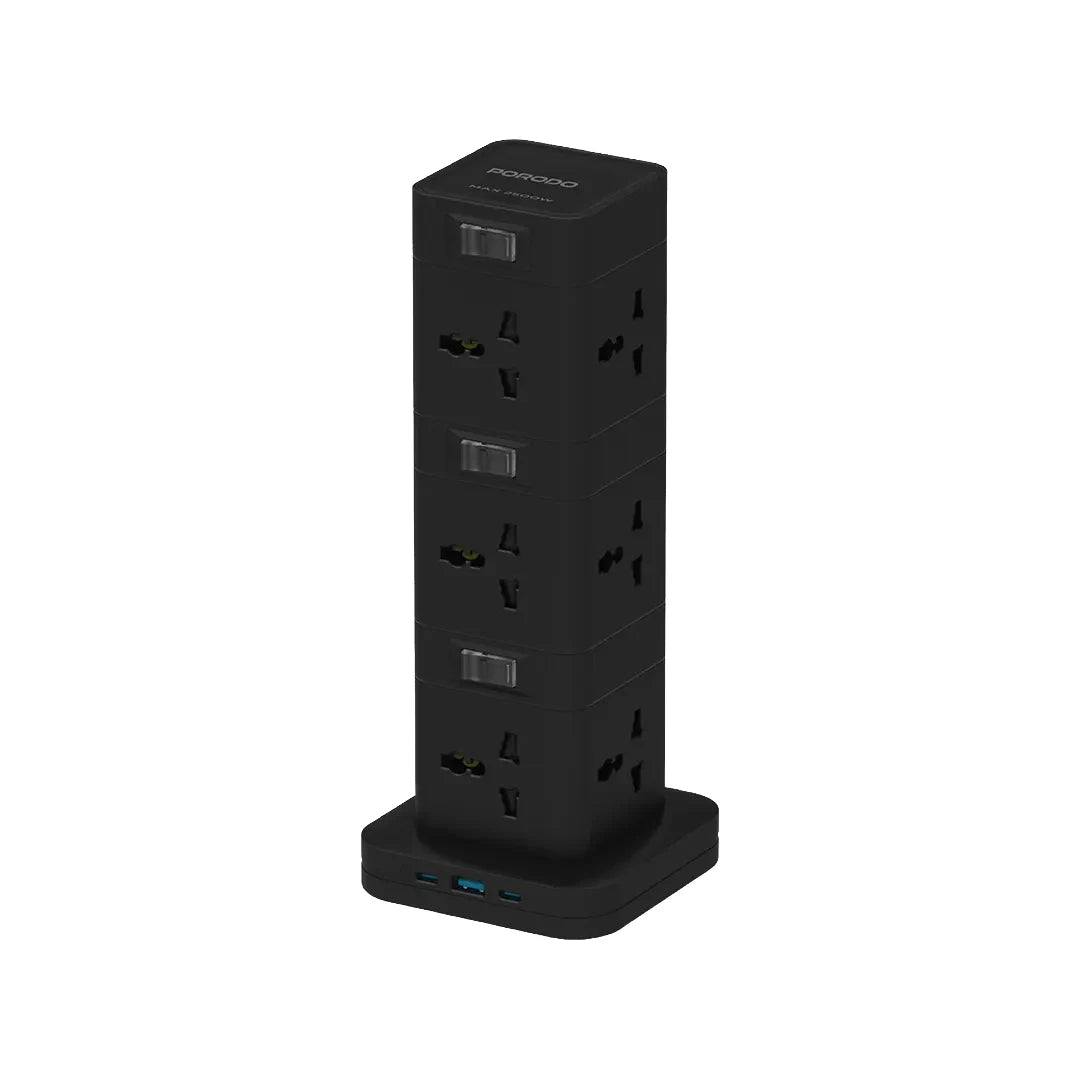 Porodo 3-Tier 12AC Power Hub – USB-C PD 20W, USB-A QC 3.0 18W, 3M Cable, 2500W Max Output, Built-In Safeguards, Multi-Device Charging Tower - Damoo