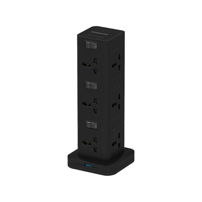 Porodo 3-Tier 12AC Power Hub – USB-C PD 20W, USB-A QC 3.0 18W, 3M Cable, 2500W Max Output, Built-In Safeguards, Multi-Device Charging Tower - Damoo