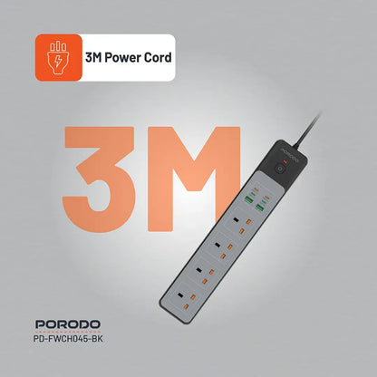 Porodo 4AC Power Strip – 3000W Rated Power, 65W Total Fast Charging, 4 Sockets, USB-A & USB-C PD Ports, 3M UK Plug Cord, Built-in Safeguards & Safety Switch - Damoo