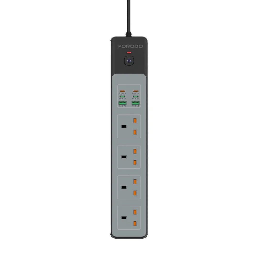 Porodo 4AC Power Strip – 3000W Rated Power, 65W Total Fast Charging, 4 Sockets, USB-A & USB-C PD Ports, 3M UK Plug Cord, Built-in Safeguards & Safety Switch - Damoo