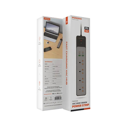 Porodo 4AC Power Strip – 3000W Rated Power, 65W Total Fast Charging, 4 Sockets, USB-A & USB-C PD Ports, 3M UK Plug Cord, Built-in Safeguards & Safety Switch - Damoo