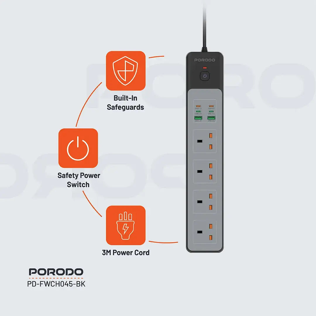 Porodo 4AC Power Strip – 3000W Rated Power, 65W Total Fast Charging, 4 Sockets, USB-A & USB-C PD Ports, 3M UK Plug Cord, Built-in Safeguards & Safety Switch - Damoo
