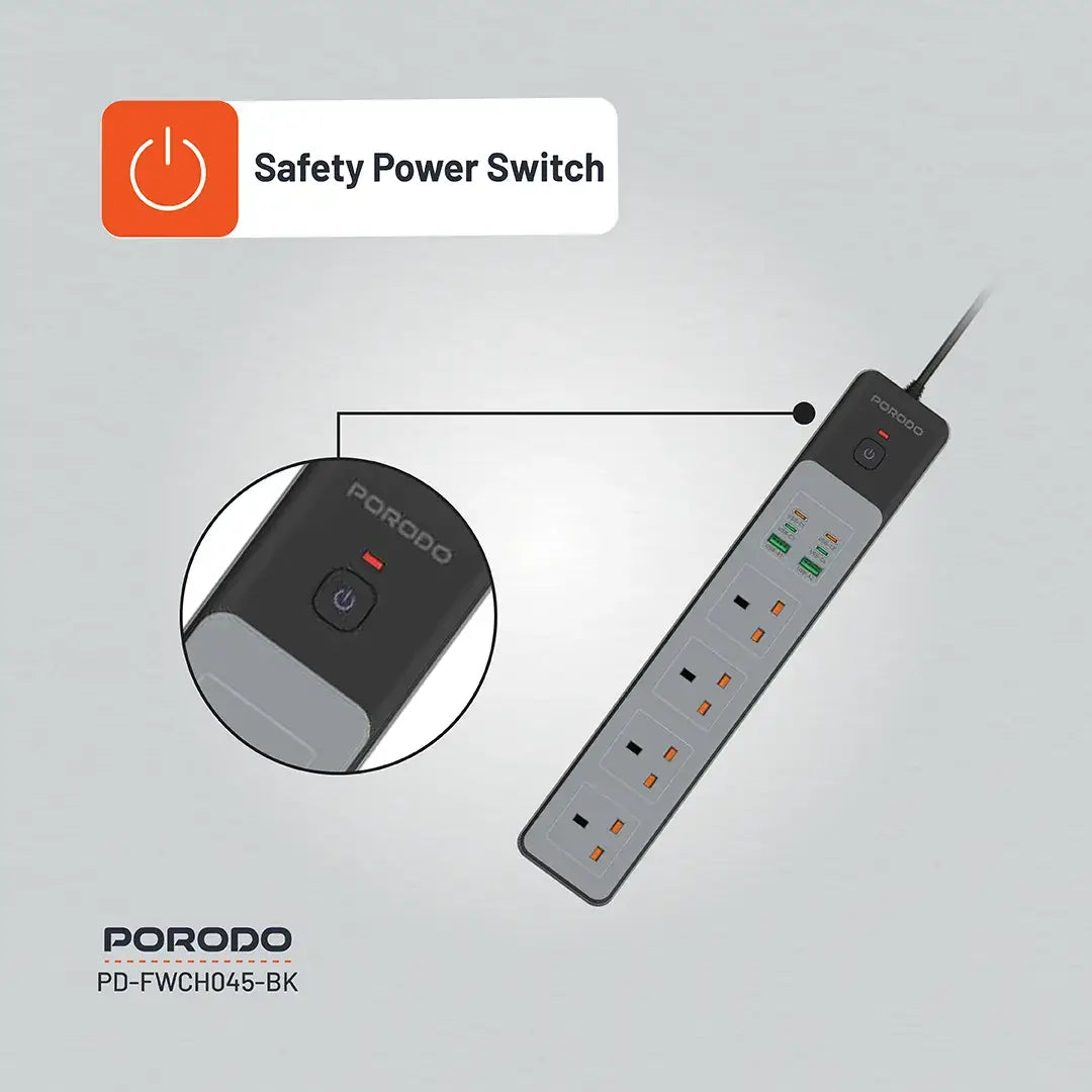 Porodo 4AC Power Strip – 3000W Rated Power, 65W Total Fast Charging, 4 Sockets, USB-A & USB-C PD Ports, 3M UK Plug Cord, Built-in Safeguards & Safety Switch - Damoo