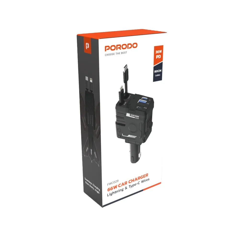 Porodo 66W Car Charger with Built-in Lightning & Type-C Cables | Fast Dual Charging, Voltage Monitor, USB-A & USB-C Ports, 12-24V Universal Car Adapter - Damoo