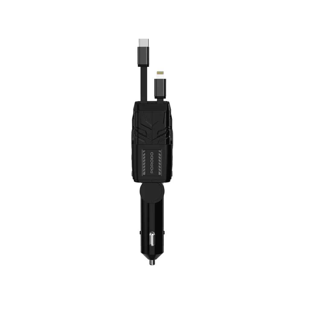 Porodo 66W Car Charger with Built-in Lightning & Type-C Cables | Fast Dual Charging, Voltage Monitor, USB-A & USB-C Ports, 12-24V Universal Car Adapter - Damoo