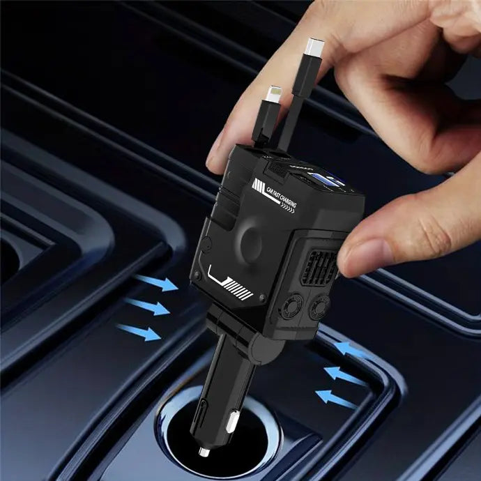 Porodo 66W Car Charger with Built-in Lightning & Type-C Cables | Fast Dual Charging, Voltage Monitor, USB-A & USB-C Ports, 12-24V Universal Car Adapter - Damoo