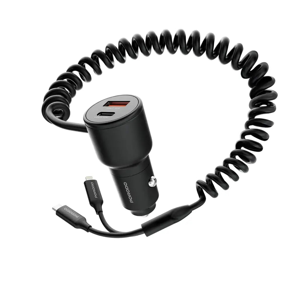 Porodo Dual Port Car Charger with Built-in USB-C & Lightning Cables | Fast Car Adapter with 1.5m Cable, Simultaneous Charging, Universal Compatibility - Damoo