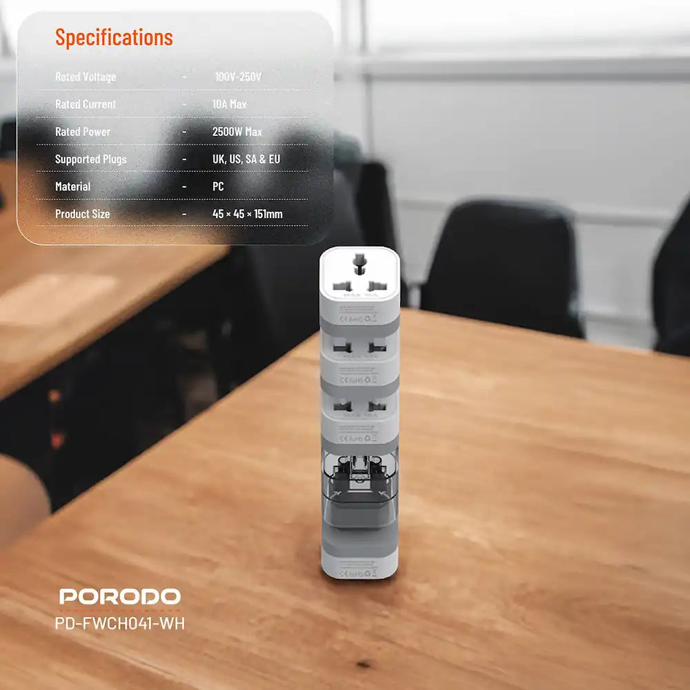 Porodo Universal Travel Adapter | 150+ Country Compatibility | 2500W Power | UK/US/EU/SA Plugs | Compact & Safe Charger - Damoo