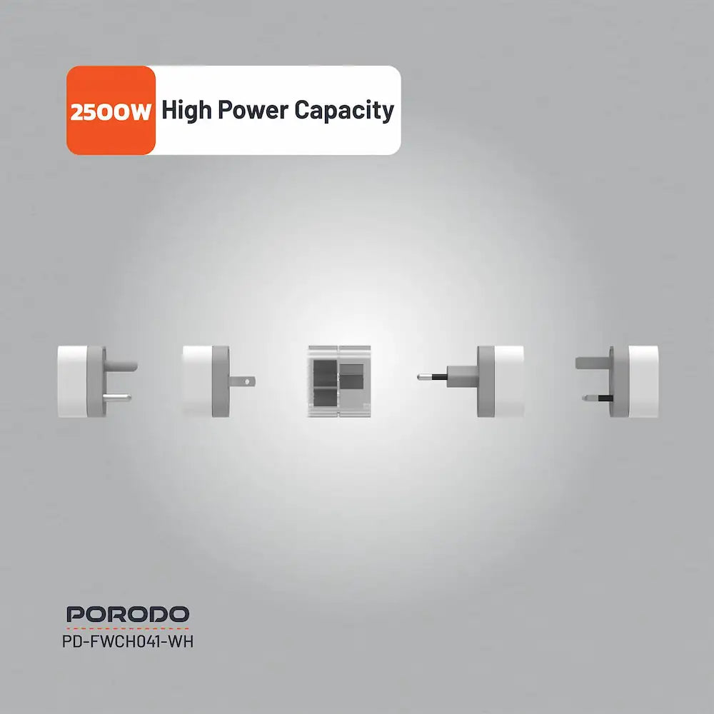 Porodo Universal Travel Adapter | 150+ Country Compatibility | 2500W Power | UK/US/EU/SA Plugs | Compact & Safe Charger - Damoo