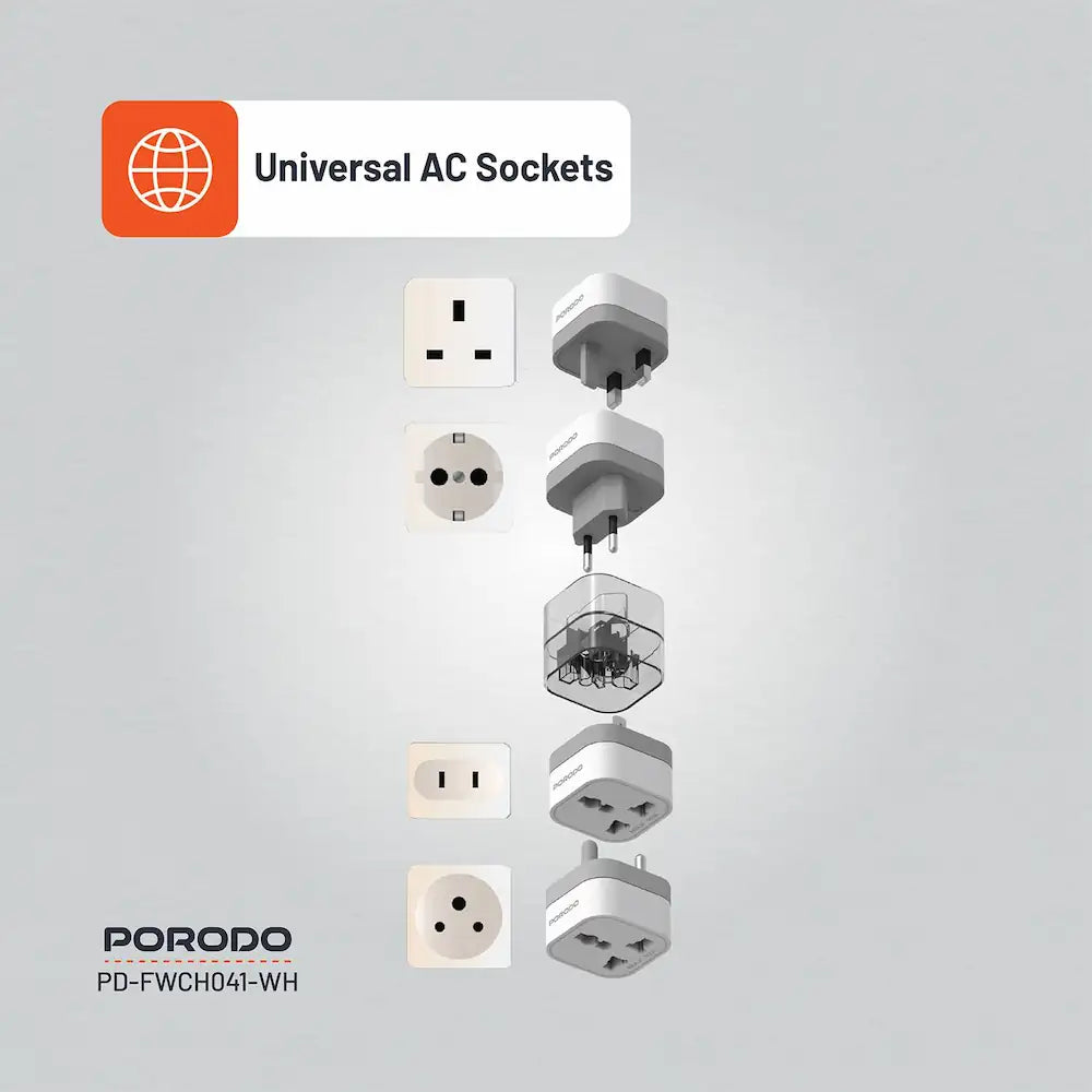 Porodo Universal Travel Adapter | 150+ Country Compatibility | 2500W Power | UK/US/EU/SA Plugs | Compact & Safe Charger - Damoo