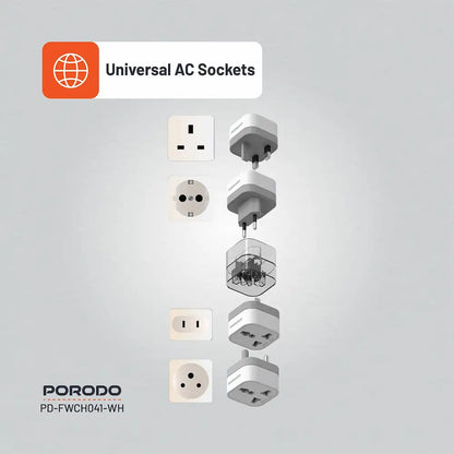 Porodo Universal Travel Adapter | 150+ Country Compatibility | 2500W Power | UK/US/EU/SA Plugs | Compact & Safe Charger - Damoo