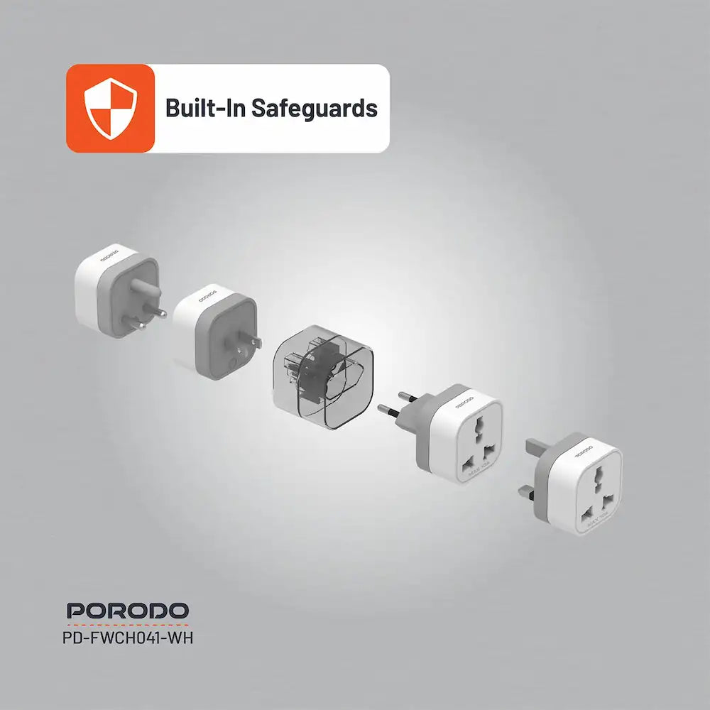 Porodo Universal Travel Adapter | 150+ Country Compatibility | 2500W Power | UK/US/EU/SA Plugs | Compact & Safe Charger - Damoo