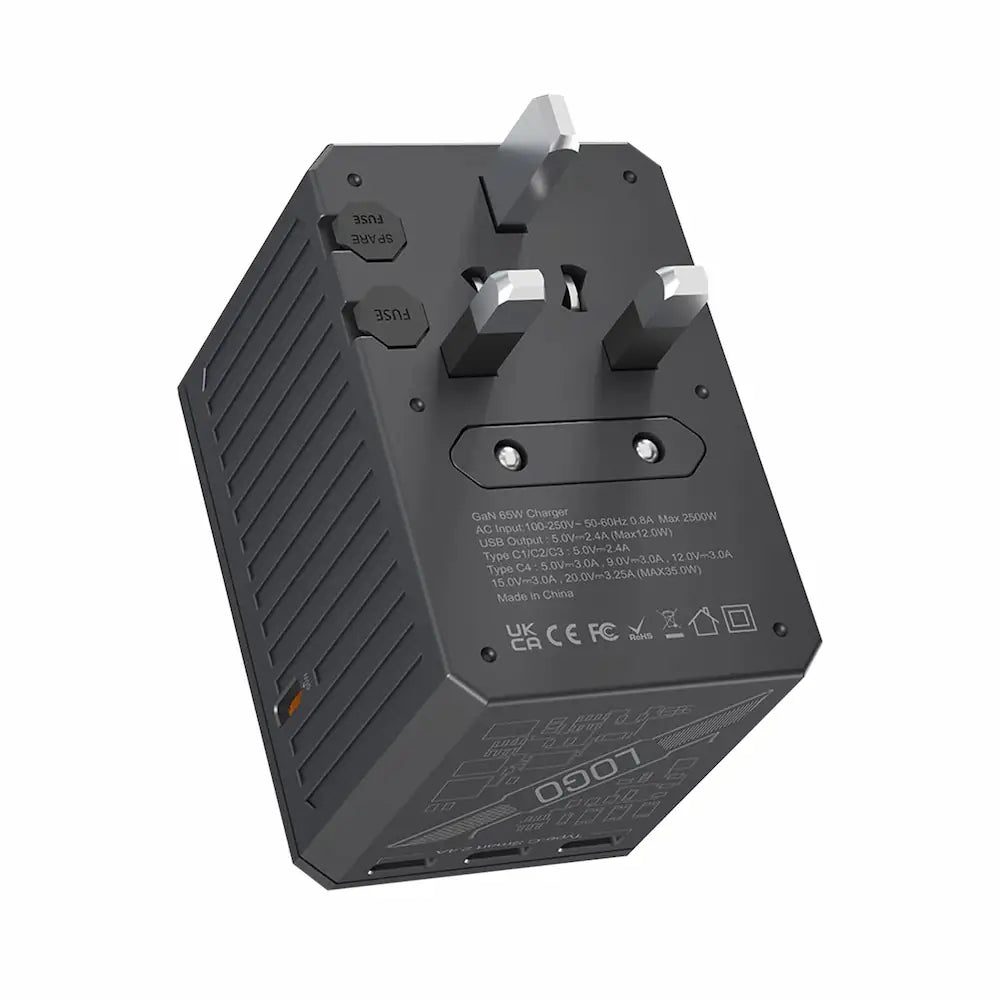 Porodo Universal Travel Charger with GaN Tech – PD 65W Fast Charging, 4 USB-C + 1 USB-A Ports, Worldwide Plug Support (UK/EU/US/AU) - Damoo