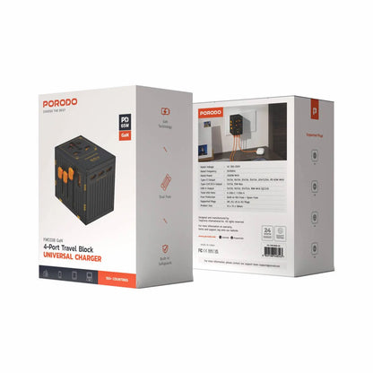 Porodo Universal Travel Charger with GaN Tech – PD 65W Fast Charging, 4 USB-C + 1 USB-A Ports, Worldwide Plug Support (UK/EU/US/AU) - Damoo