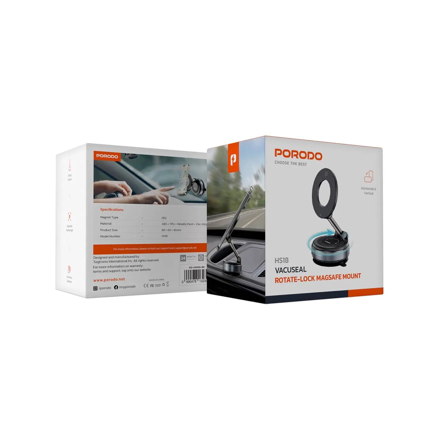 Porodo Vacuseal MagSafe Car Mount, N52 Magnetic Phone Holder with Rotate-Lock, Adjustable 360° View, Strong Suction, One-Hand Operation – for iPhone 15/14/13/12 Series - Damoo