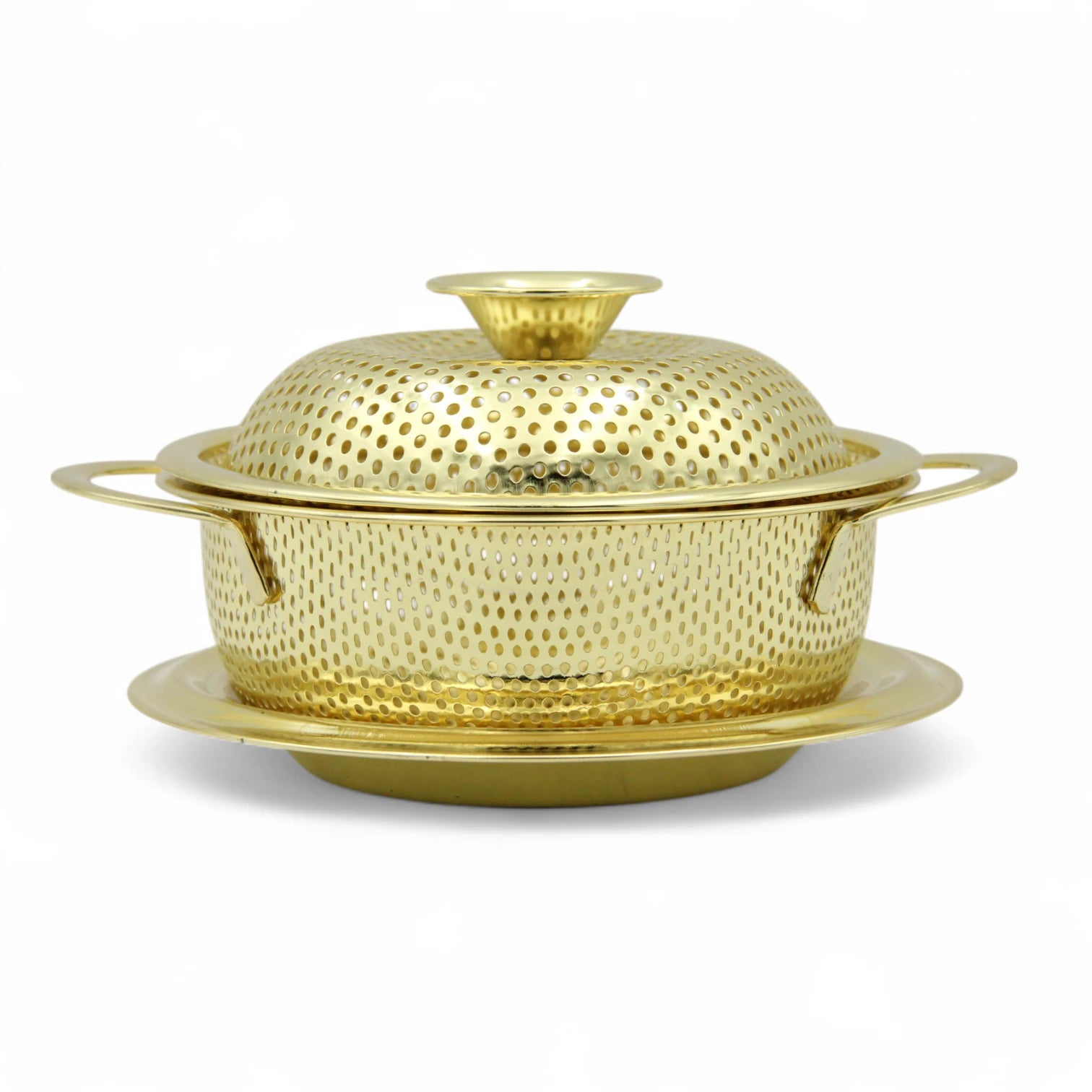 Premium Golden Stainless Steel Food Colander with Handles & Lid – Elegant Strainer for Washing Rice, Pasta, Vegetables & Fruits – Perforated Drain Bowl with Base Plate - Damoo