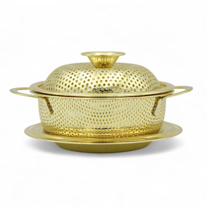 Premium Golden Stainless Steel Food Colander with Handles & Lid – Elegant Strainer for Washing Rice, Pasta, Vegetables & Fruits – Perforated Drain Bowl with Base Plate - Damoo