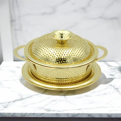 Premium Golden Stainless Steel Food Colander with Handles & Lid – Elegant Strainer for Washing Rice, Pasta, Vegetables & Fruits – Perforated Drain Bowl with Base Plate - Damoo