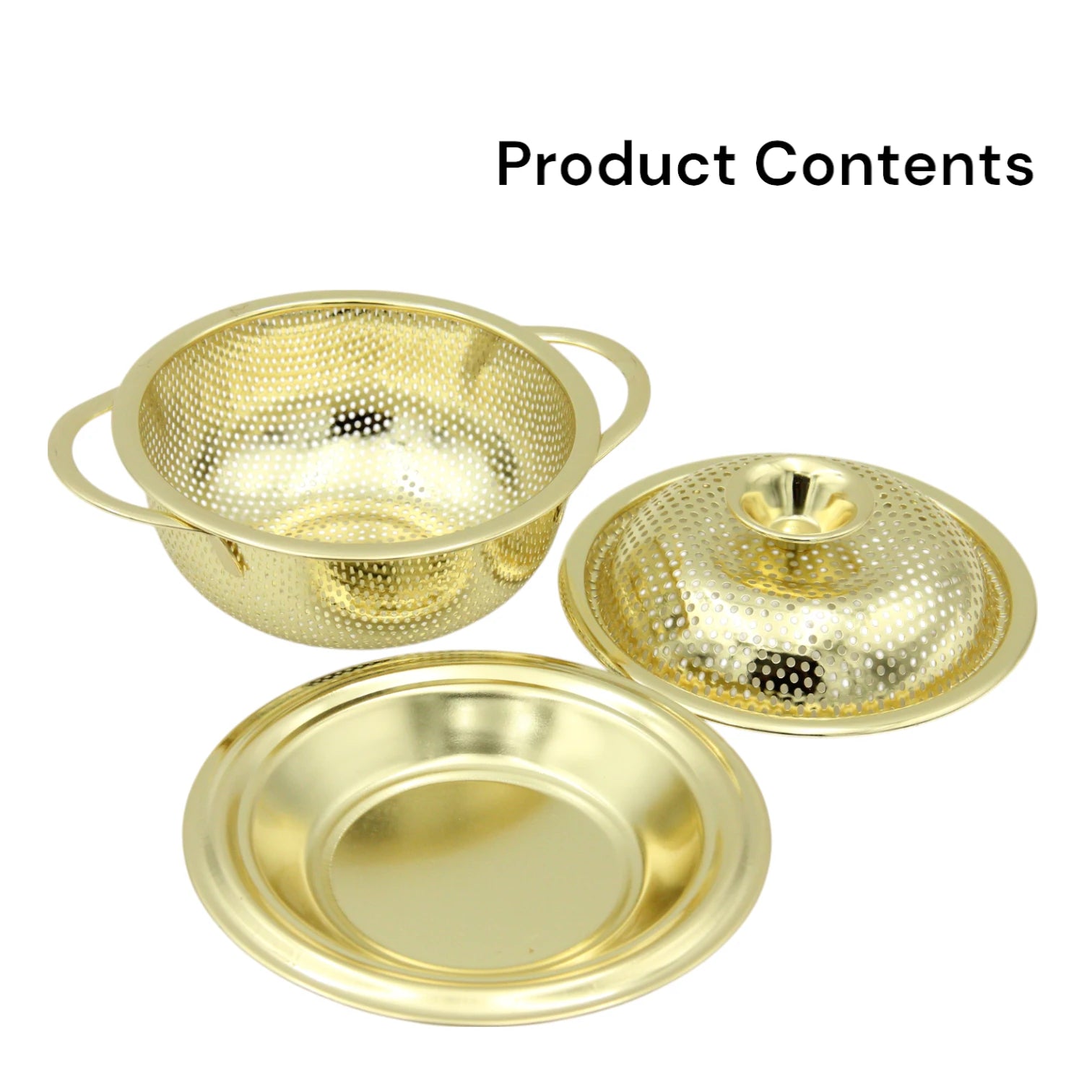 Premium Golden Stainless Steel Food Colander with Handles & Lid – Elegant Strainer for Washing Rice, Pasta, Vegetables & Fruits – Perforated Drain Bowl with Base Plate - Damoo