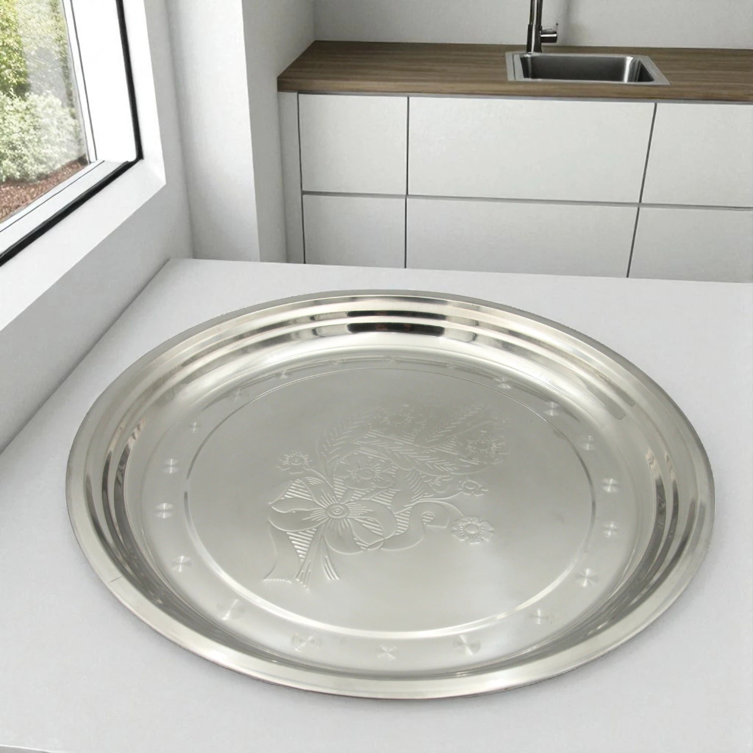 Premium Stainless Steel Round Dinner Plate with Engraved Floral Design – Rust-Resistant, Mirror Finish, 13 Inch Serving Thali for Home & Restaurant Use - Damoo
