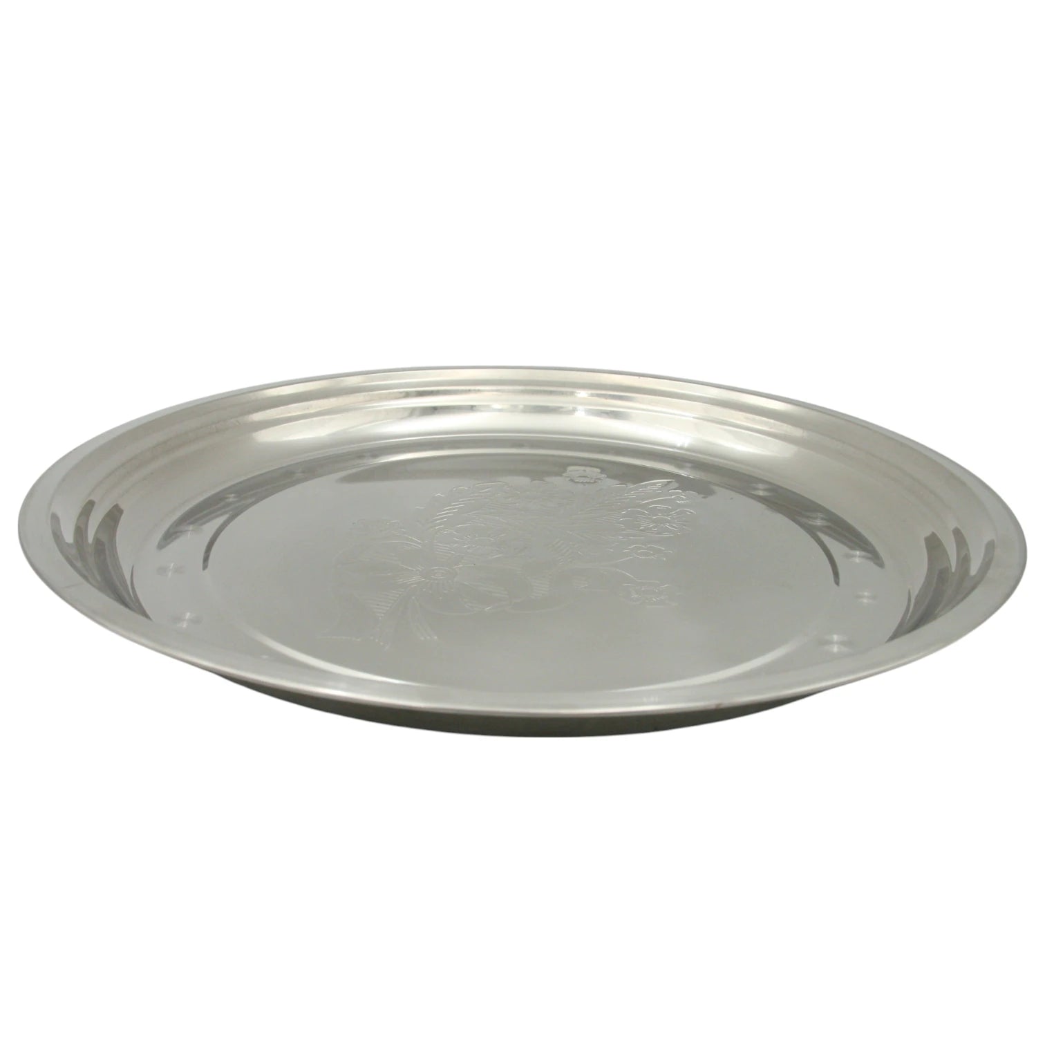 Premium Stainless Steel Round Dinner Plate with Engraved Floral Design – Rust-Resistant, Mirror Finish, 13 Inch Serving Thali for Home & Restaurant Use - Damoo