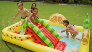 INTEX Fun N Fruity Inflatable Play Center with Slide, Dual Pools & Water Toys – 244 x 191 x 91 cm, For Kids Ages 2+, Includes Ball Toss Game, Fruits, Water Sprayer & Repair Patch