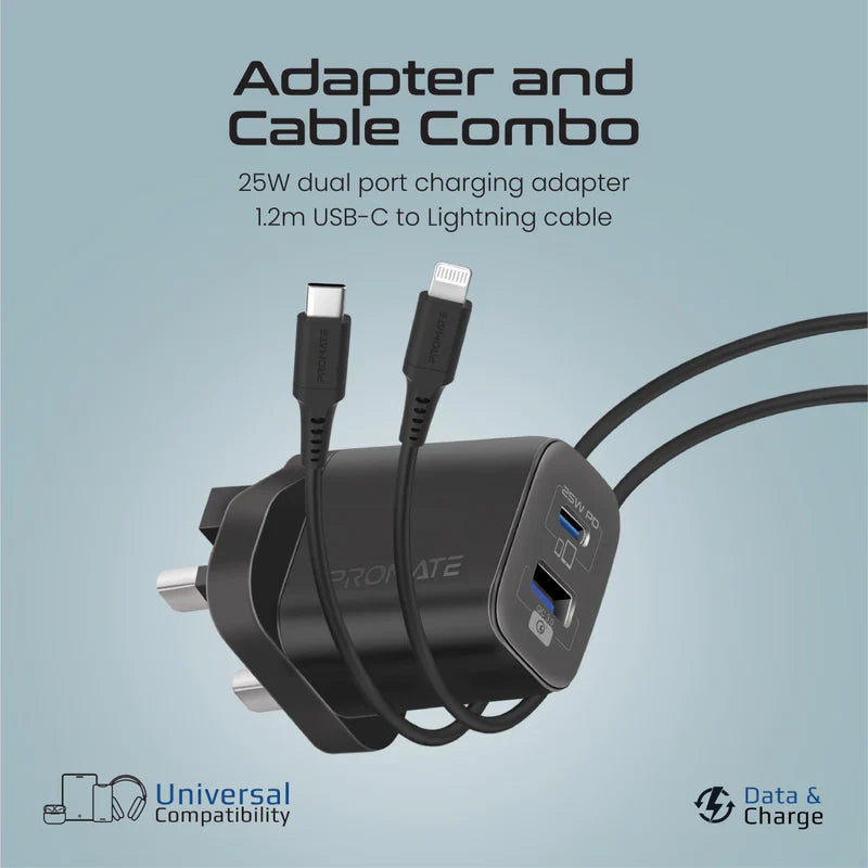 Promate 25W Dual Port USB-C & USB-A Charger with USB-C to Lightning Cable | PD & QC 3.0 Fast Charging Adapter for iPhone, iPad, and Android | ChargeKit-25PDi - Damoo