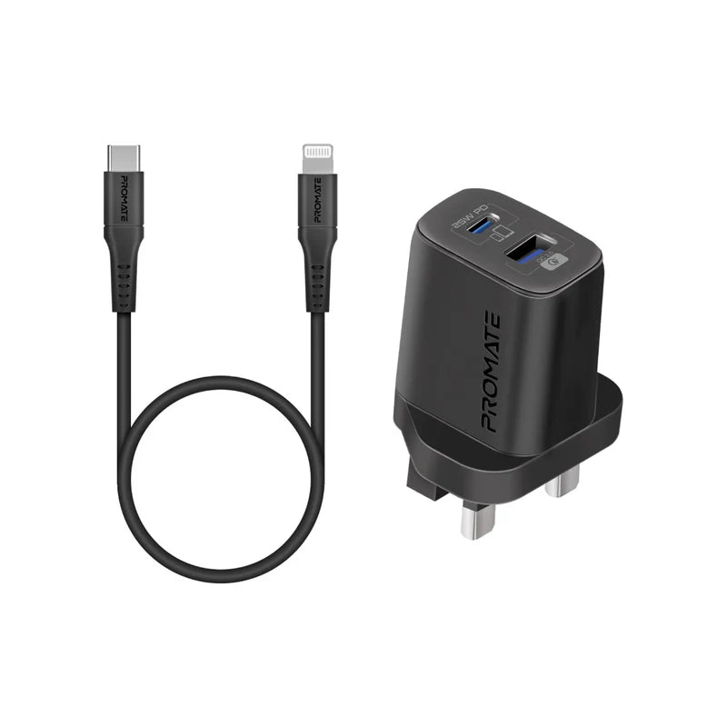 Promate 25W Dual Port USB-C & USB-A Charger with USB-C to Lightning Cable | PD & QC 3.0 Fast Charging Adapter for iPhone, iPad, and Android | ChargeKit-25PDi - Damoo