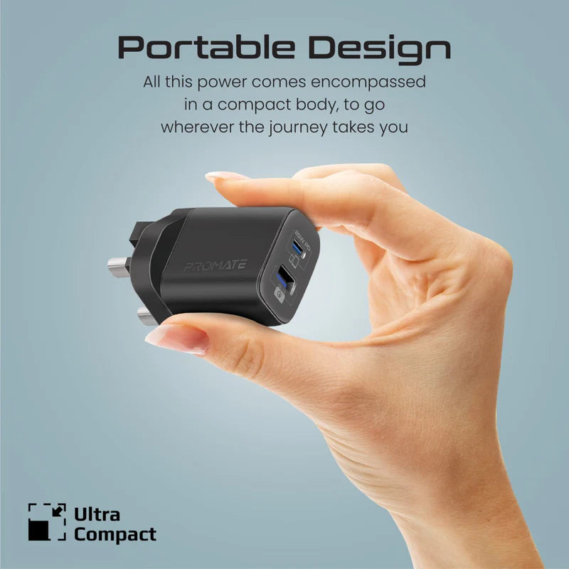 Promate 25W Dual Port USB-C & USB-A Charger with USB-C to Lightning Cable | PD & QC 3.0 Fast Charging Adapter for iPhone, iPad, and Android | ChargeKit-25PDi - Damoo