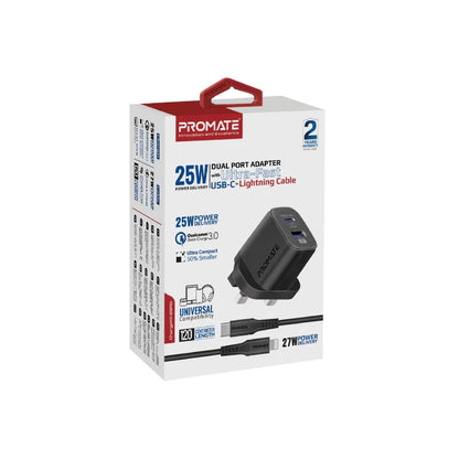 Promate 25W Dual Port USB-C & USB-A Charger with USB-C to Lightning Cable | PD & QC 3.0 Fast Charging Adapter for iPhone, iPad, and Android | ChargeKit-25PDi - Damoo