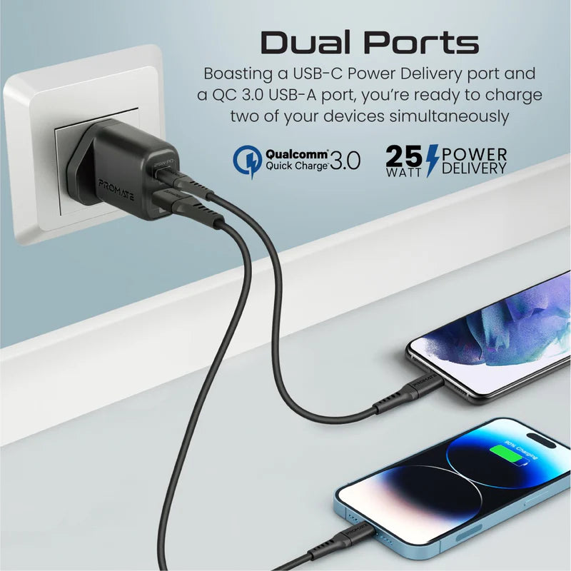 Promate 25W Dual Port USB-C & USB-A Charger with USB-C to Lightning Cable | PD & QC 3.0 Fast Charging Adapter for iPhone, iPad, and Android | ChargeKit-25PDi - Damoo