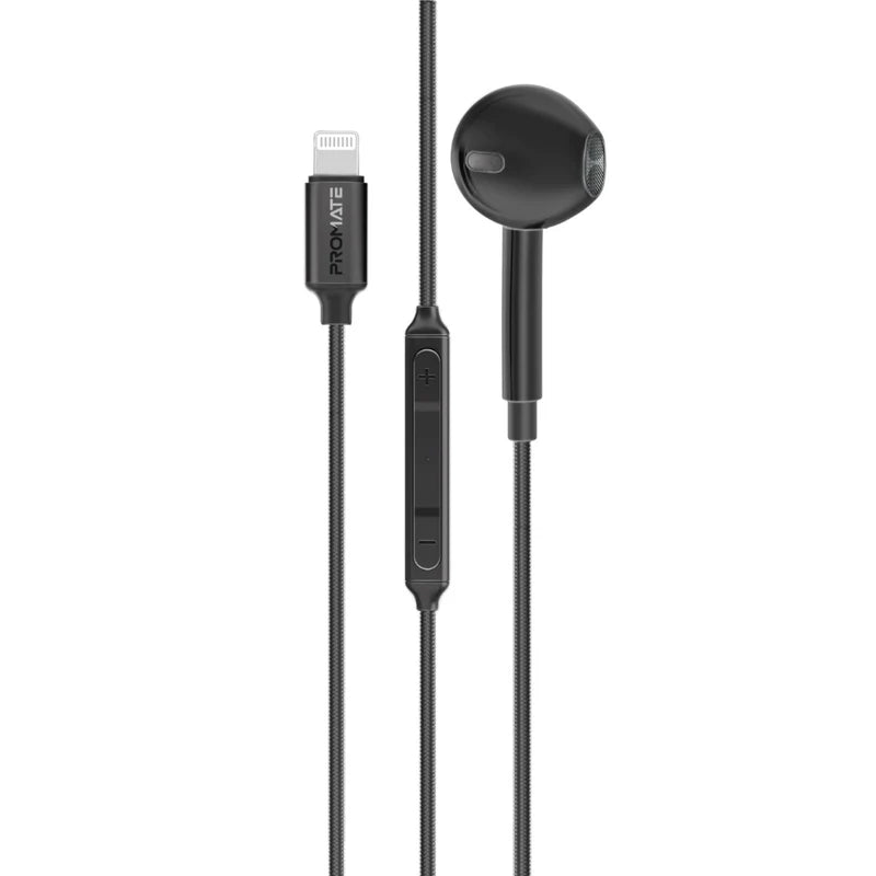 Promate MonoPod-LT Wired Mono Earphone with Lightning Connector – MFi Certified In-Ear Wired Mono Earphone with Mic, Deep Bass, 1.3m Braided Cable for iPhone - Damoo